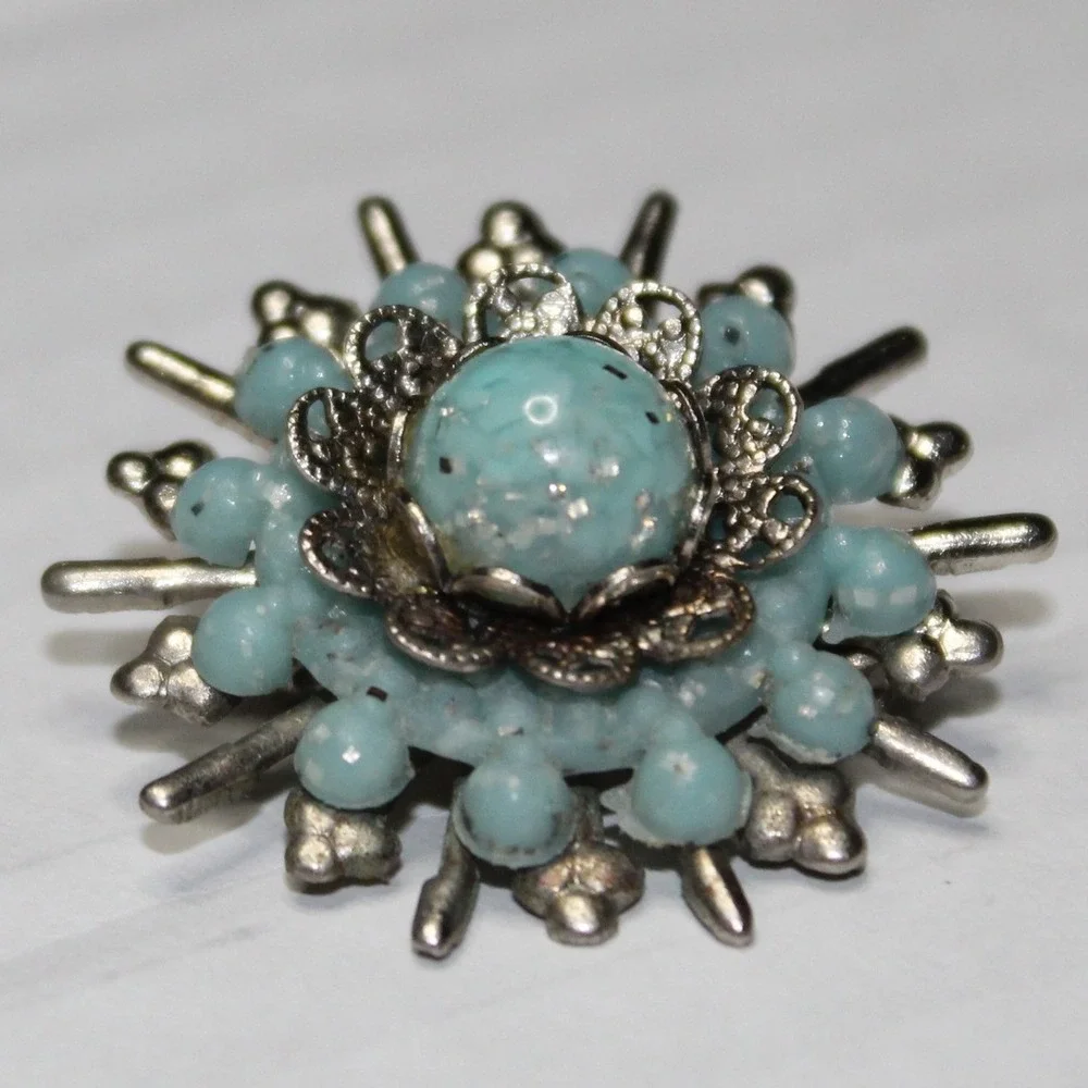 Vintage Brooch Sunburst Faux Turquoise Filigree Starburst OS Light Blue Silver